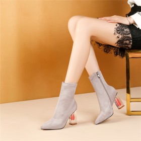 Hiver Casual Talons Epais Fermeture Éclair Habillé Classique Chaussette Boots Femme Gris Bottine Femme Talon Mi Haut