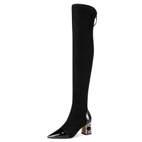 Leather Thigh High Boot Stretch Crystal Fashion Block Heels Patent Mid High Heeled Black Comfort Sock Chunky Heel Pointed Toe