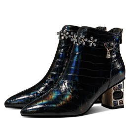 2022 Sparkly Black Formal Dress Shoes Mid Heels Fur Lined Going Out Shoes Ankle Boots Gradient Elegant Chunky Comfortable Leather Block Heel