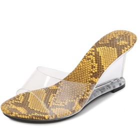 Faux Leather Sexy Yellow Clear 3 inch High Heel Mules Peep Toe Wedge Snake Print Sandals