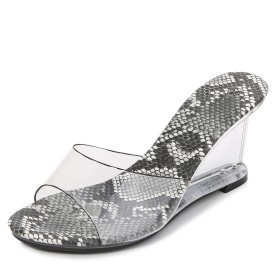 Sexy Transparent 8 cm High Heels Wrap Around Ankle Black Snake Print Faux Leather Womens Sandals Peep Toe Mules Classic Wedges