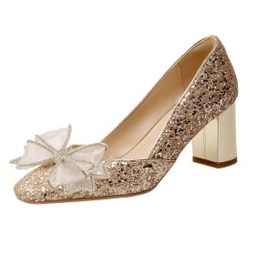 Sequin Dress Shoes 6 cm Heeled Evening Party Shoes Chunky Fashion Elegant Block Heels Pumps Bridal Shoes Sparkly With Bowknot