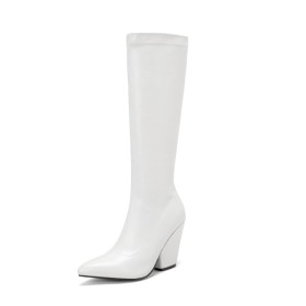 Patent Thick Heel Comfort Faux Leather Block Heels Knee High Boots For Women White Pointed Toe High Heels Tall Boot