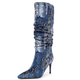 Knee High Boot For Women Stiletto Heels Pointed Toe Slouch Denim Snake Print Color Block Fashion High Heels