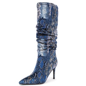 Marineblaue Slouch Gefütterte Pfennigabsatz Glitzer Kniehohe Farbverlauf Boots Schlangenmuster Spitz Denim High Heel