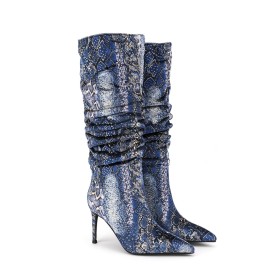 Gradient Kleurblok Stilettos Knie Laarzen Laarsjes dames Gesloten Neus Denim Slangenprint Gevoerde Navy Blauwe 9 cm Hoge Hakken Glitter