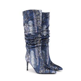 Knee High Boot For Women Stiletto Heels Pointed Toe Slouch Denim Snake Print Color Block Fashion High Heels