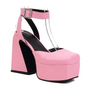 Plateau High Heel Brosche Pink Knöchelriemen Elegante Sandaletten Abendschuhe Mit Blockabsatz Mode