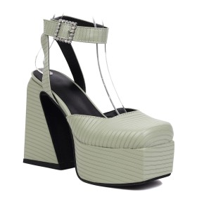 Högklackade Eleganta Block Klack Med Ankelrem Damsandaler Mode Skosmycken Platform Finskor Salviagröna