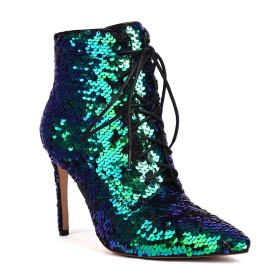 Sparkly Booties Stiletto Multicolor Party Shoes Fur Lined Going Out Shoes Lace Up Pointed Toe Gradient 10 cm High Heel
