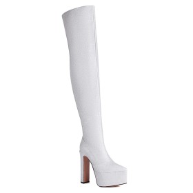 Pole Dance Shoes Tall Boots Thigh High Boots Glitter Silver Platform Chunky Heel Pointed Toe Fur Lined 6 inch High Heeled Sparkly Party Shoes Block Heel
