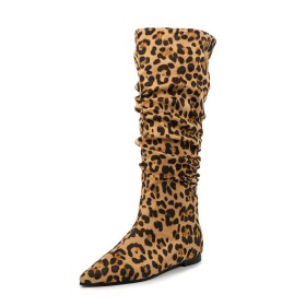 Leopard Cuir Confortables Bottes Genoux Bottes Hautes Femme Boots Femme Habillées Daim Marron Plate
