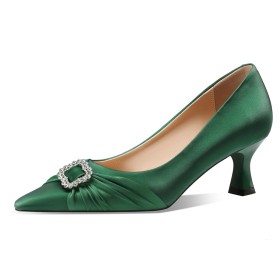 Green Stiletto With Rhinestones 6 cm Mid Heels Work Shoes With Metal Jewelry Pumps