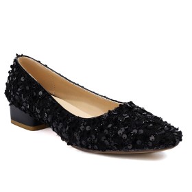 Talon Epais Paillettes Brillante Confort Dentelle Noir Talon Carré Bout Carré Petit Talon Chaussures