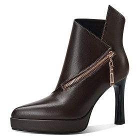 Bottine Femme Talon Haut Talon Aiguille Cuir Grainé Fermeture Éclair