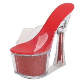 Going Out Shoes Mules Sexy Chunky Heel Red Transparent Extreme High Heels