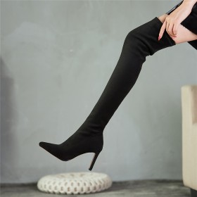Stretch Pointed Toe High Heel Tall Boots Chunky Heel Classic Fur Lined Thigh High Boot For Women Faux Leather