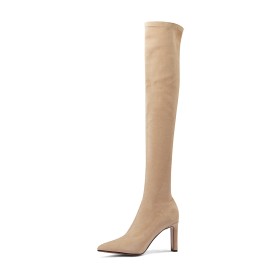 Suede Tall Boot Faux Leather Thick Heel Sock 3 inch High Heel Beige Classic Over The Knee Boots