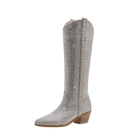 Low Heels Comfort Pointed Toe With Rhinestones Block Heel Silver Knee High Boots Formal Dress Shoes Faux Leather Riding Boots Sparkly Dancing Shoes Tall Boots Chunky