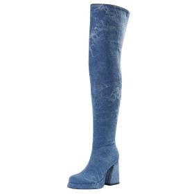 Ronde Neus Denim Hoge Laarzen Dames 10 cm Hoge Hak Ombre Plateau Met Blokhak Going Out Overknee Lichtblauwe