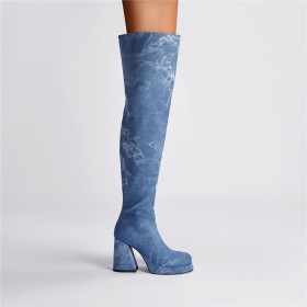 Ronde Neus Denim Hoge Laarzen Dames 10 cm Hoge Hak Ombre Plateau Met Blokhak Going Out Overknee Lichtblauwe