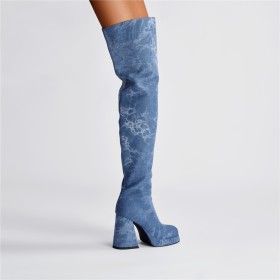 Ronde Neus Denim Hoge Laarzen Dames 10 cm Hoge Hak Ombre Plateau Met Blokhak Going Out Overknee Lichtblauwe