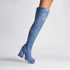 Ronde Neus Denim Hoge Laarzen Dames 10 cm Hoge Hak Ombre Plateau Met Blokhak Going Out Overknee Lichtblauwe