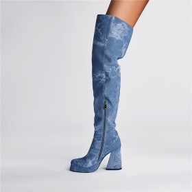 Classic Gradient Light Blue Platform Chunky Heel Block Heels Thigh High Boot For Women 4 inch High Heel Tall Boots Jeans