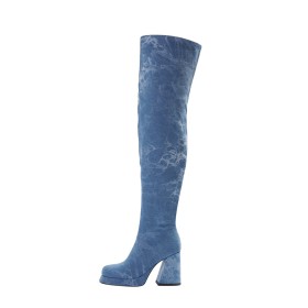 Ronde Neus Denim Hoge Laarzen Dames 10 cm Hoge Hak Ombre Plateau Met Blokhak Going Out Overknee Lichtblauwe