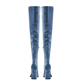 Ronde Neus Denim Hoge Laarzen Dames 10 cm Hoge Hak Ombre Plateau Met Blokhak Going Out Overknee Lichtblauwe