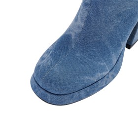 Ronde Neus Denim Hoge Laarzen Dames 10 cm Hoge Hak Ombre Plateau Met Blokhak Going Out Overknee Lichtblauwe