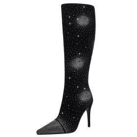 Dress Shoes Suede Sparkly Black Faux Leather 4 inch High Heel Stiletto Heels Tall Boots Knee High Boot Rhinestones