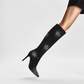 Met Steentjes Mooie 10 cm Hoge Hakken Mode Zwarte Sparkle Suède Knie Laarzen Lange Laarzen Dames Naaldhak