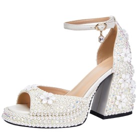 Luxus Weiß Abendschuhe Brautschuhe Mit 10 cm High Heel Elegante Mit Perle Knöchelriemen Perlen Blockabsatz Festliche Schuhe Sandaletten Damen