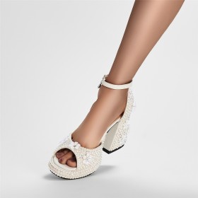 Tacchi Alto 10 cm Scarpe Da Sera Luccicante Bellissimi Con Perle A Fiori Bianchi Tacco Largo Elegante Scarpe Da Sposa Con Cinturino Alla Caviglia Scarpe Da Cerimonia Sandali