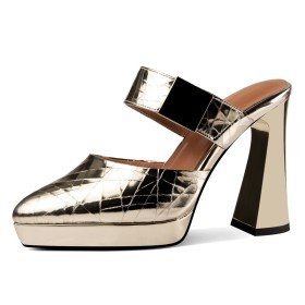 Stylish Block Heels Sparkly High Heel Mules Evening Shoes Leather Metallic Patent Womens Sandals Chunky Heel