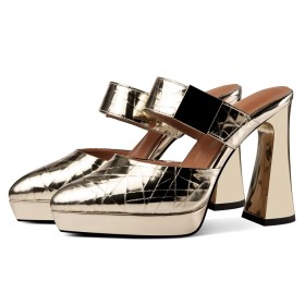 Stylish Block Heels Sparkly High Heel Mules Evening Shoes Leather Metallic Patent Womens Sandals Chunky Heel