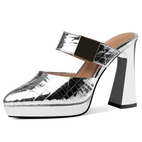 Mules 4 inch High Heel Sparkly Block Heel Patent Leather Sandals Silver Metallic Pointed Toe Chunky