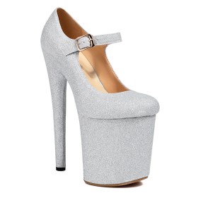 Pumps Sparkly Stiletto 20 cm High Heeled Platform Belt Buckle Sequin Pole Dance Shoes With Ankle Strap