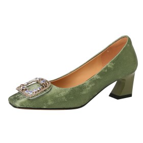 2 inch Low Heel Elegant Comfortable Pumps Dress Shoes Square Toe Leather Buckle Block Heels Rhinestones Green