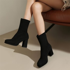 Casual Chunky Heel Classic Block Heel Faux Leather Comfort Sock Boots 3 inch High Heeled Booties For Women