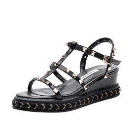 Classic Wedge Peep Toe Espadrilles Black Strappy Studded Gladiator Low Heels Leather Shoes Sandals
