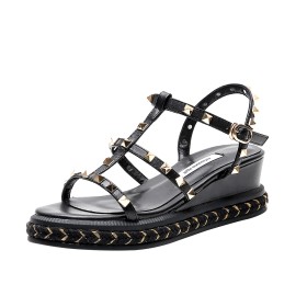 Espadrilles Mode Zwarte Gladiatorsandalen Vrijetijds Met Studs Peeptoes Strand Wedges 5 cm Lage Hakken