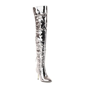 Zip Up 9 cm High Heels Stiletto Silver Over The Knee Boots Classic Pointed Toe