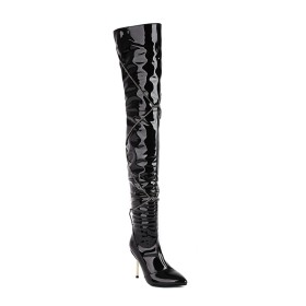 Overknees Spitz Schwarz 9 cm High Heel Klassisch Hohe Stiefel Glitzernden Gefütterte