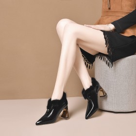 3 inch High Heeled Black Business Casual Fur Elegant Chunky 2022 Pointed Toe Comfort Shootie Fur Lined Patent