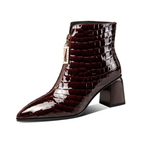 Patent Burgundy Low Heel Fur Lined Classic Comfortable Chunky Heel Ankle Boots Block Heels