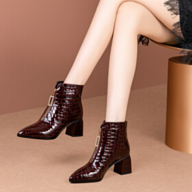 Patent Burgundy Low Heel Fur Lined Classic Comfortable Chunky Heel Ankle Boots Block Heels