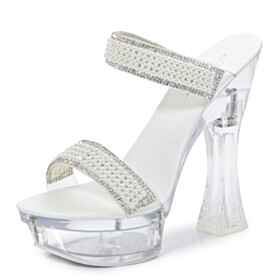 Pearl 6 inch High Heeled Beaded Sandals Clear Classic Peep Toe Platform White