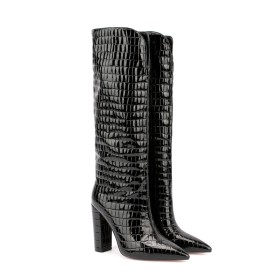 Fourrées Knee Boots Sexy Noir Hiver Classique Talon Carré Imprimé Python Habillé Talon Epais Vernis A Talon Haut 11 cm Simili Cuir Bottes Hautes Femme